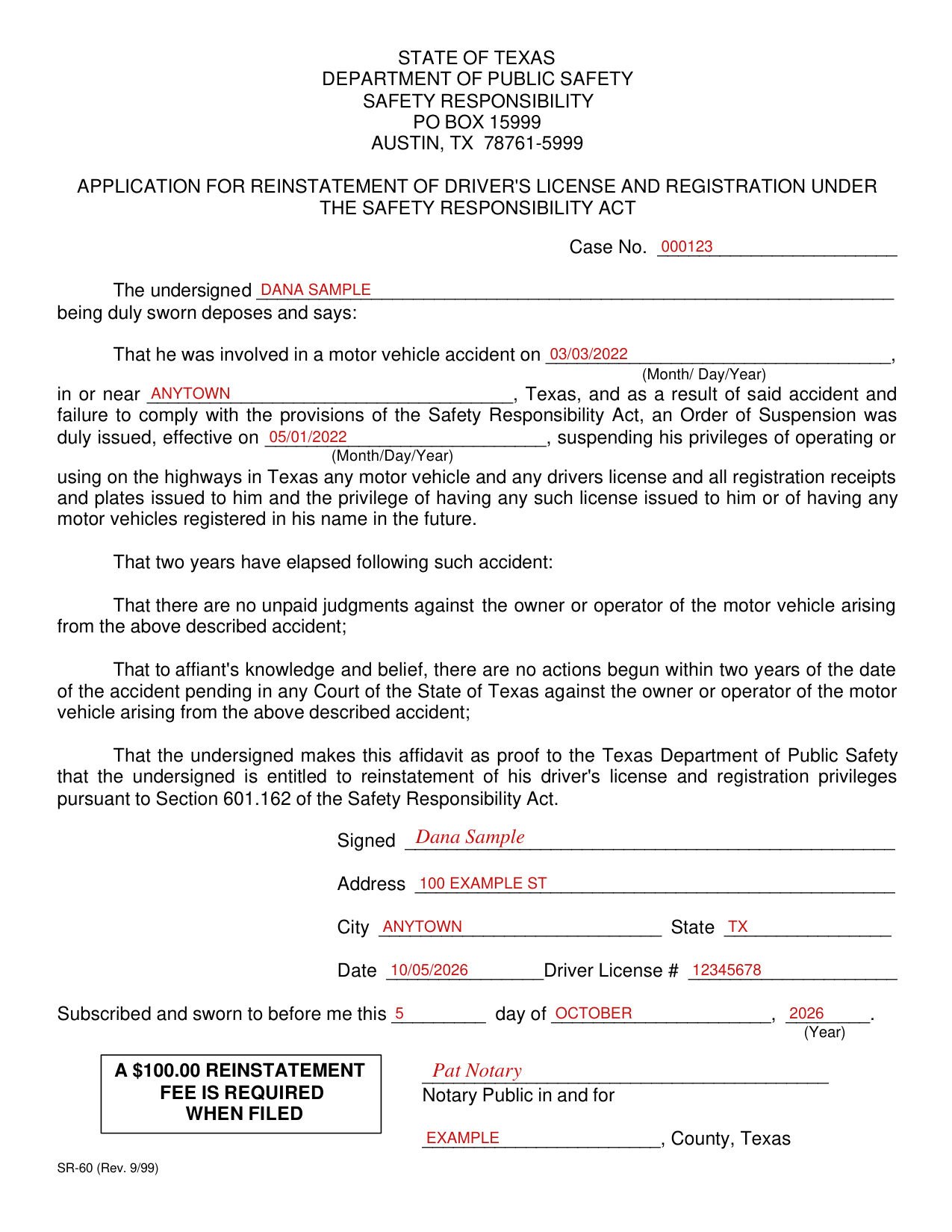Form SR-60 example filled out, example: an affidavit sworn before a notary
