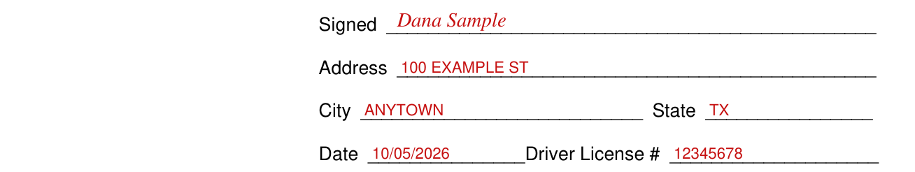 Form SR-60 example filled out, signed, address and driver license number