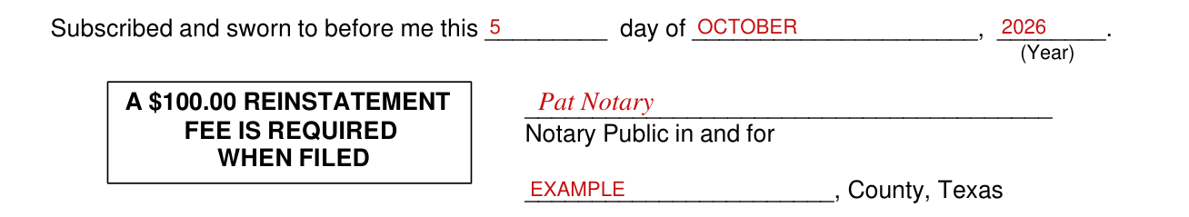 Form SR-60 example filled out, sworn before a notary public