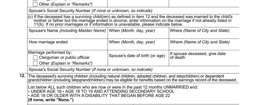 social security death benefits Clergyman or public official Other, If spouse deceased give date of, Spouses Social Security Number If, Where Name of City and State, How marriage ended, When Month day year, Where Name of City and State, Marriage performed by, Clergyman or public official Other, Spouses date of birth or age, If spouse deceased give date of, Spouses Social Security Number If, The deceaseds surviving children, and List below ALL such children who blanks to complete