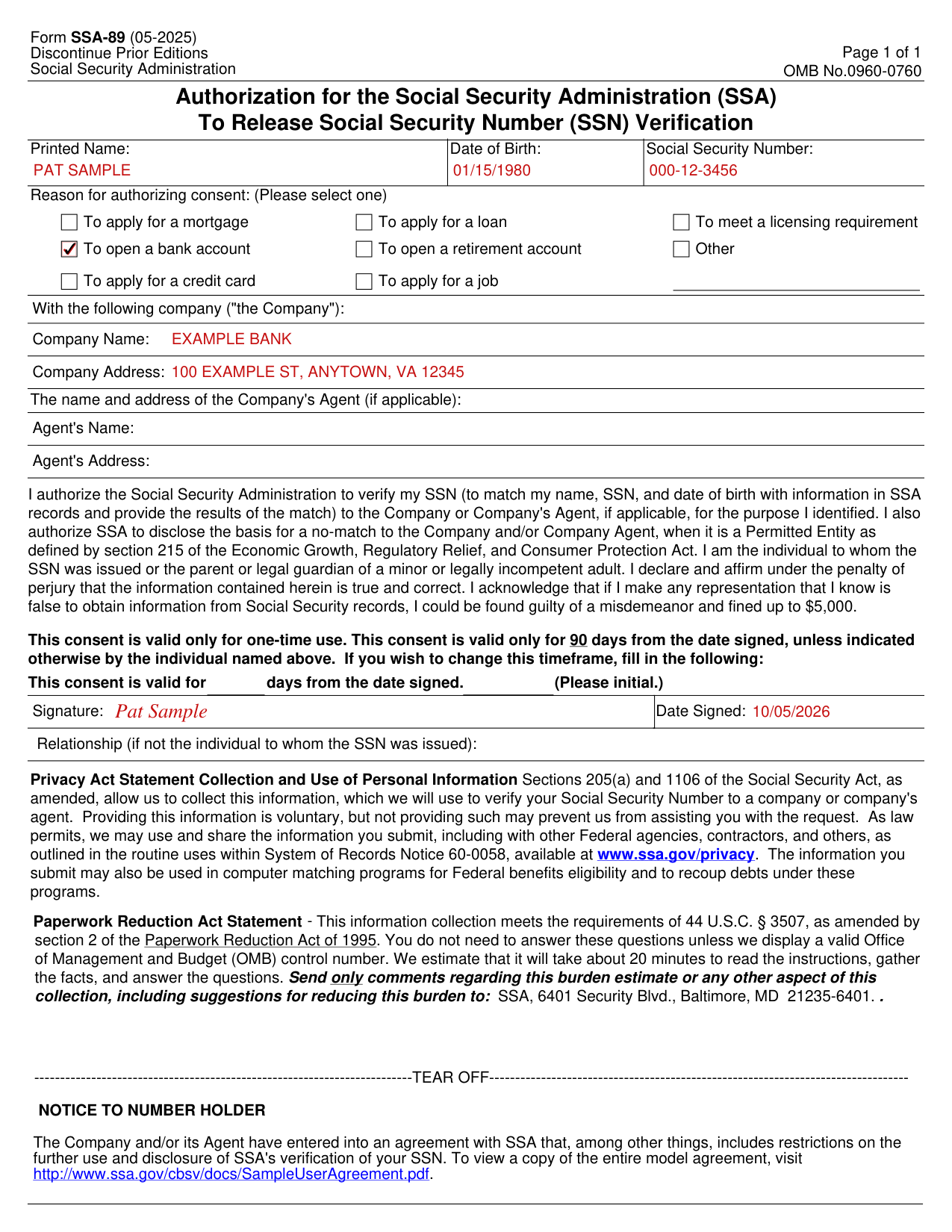 Form SSA-89 example filled out, example: a bank account holder authorizes SSN verification