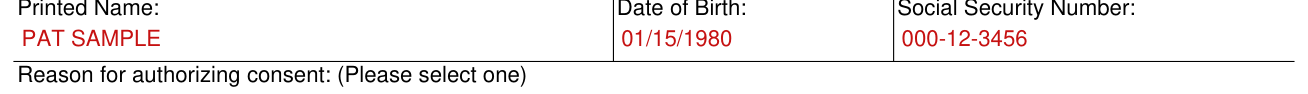 Form SSA-89 example filled out, printed Name, Date of Birth and Social Security Number