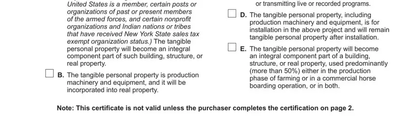 A The tangible personal property, B The tangible personal property, radio broadcaster in connection, D The tangible personal property, production machinery and equipment, E The tangible personal property, and Note This certificate is not valid in st 120 1