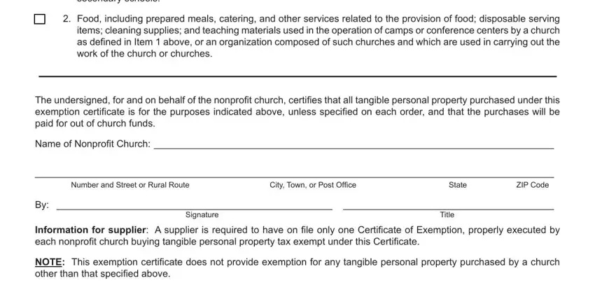 va form st 13a c in i caring for or maintaining, Food including prepared meals, The undersigned for and on behalf, Name of Nonprofit Church, ZIP Code, Number and Street or Rural Route, City Town or Post Office, State, Signature, Title, Information for supplier A, and NOTE This exemption certificate fields to fill