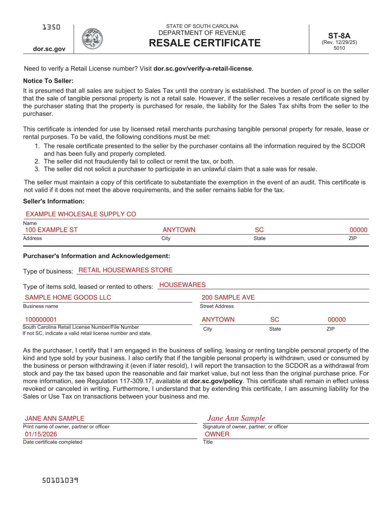 Form ST-8A example filled out, example: a retailer gives a resale certificate to a supplier