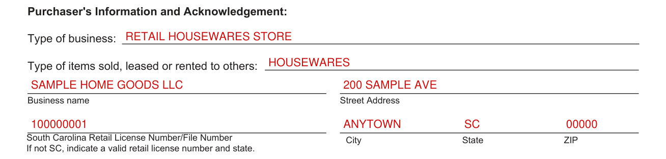 Form ST-8A example filled out, purchaser's Information and Acknowledgement