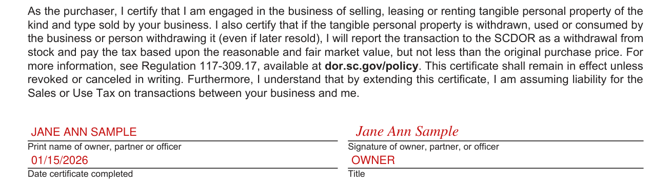 Form ST-8A example filled out, the certification and the signature