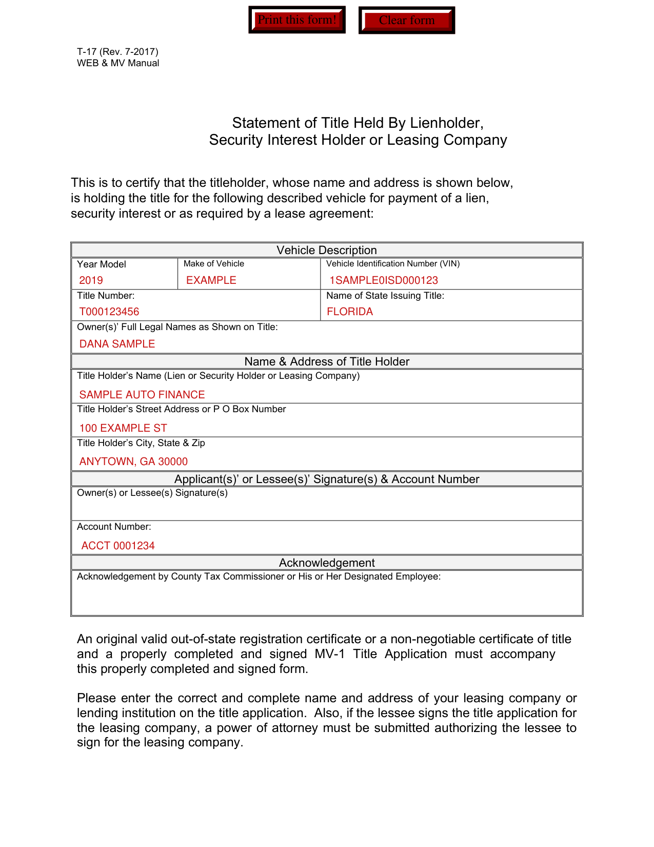 Form T-17 example filled out, example: a financed car with the title held by the lender