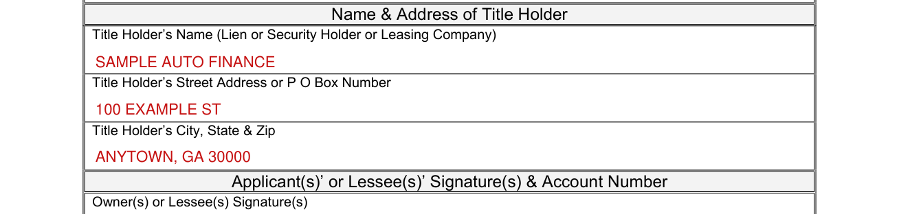 Form T-17 example filled out, title holder name and address