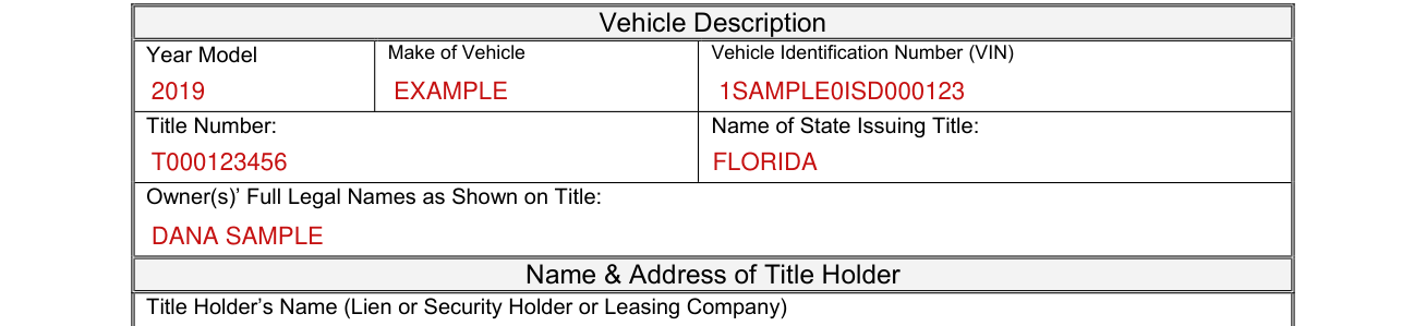 Form T-17 example filled out, vehicle description, title number and owners