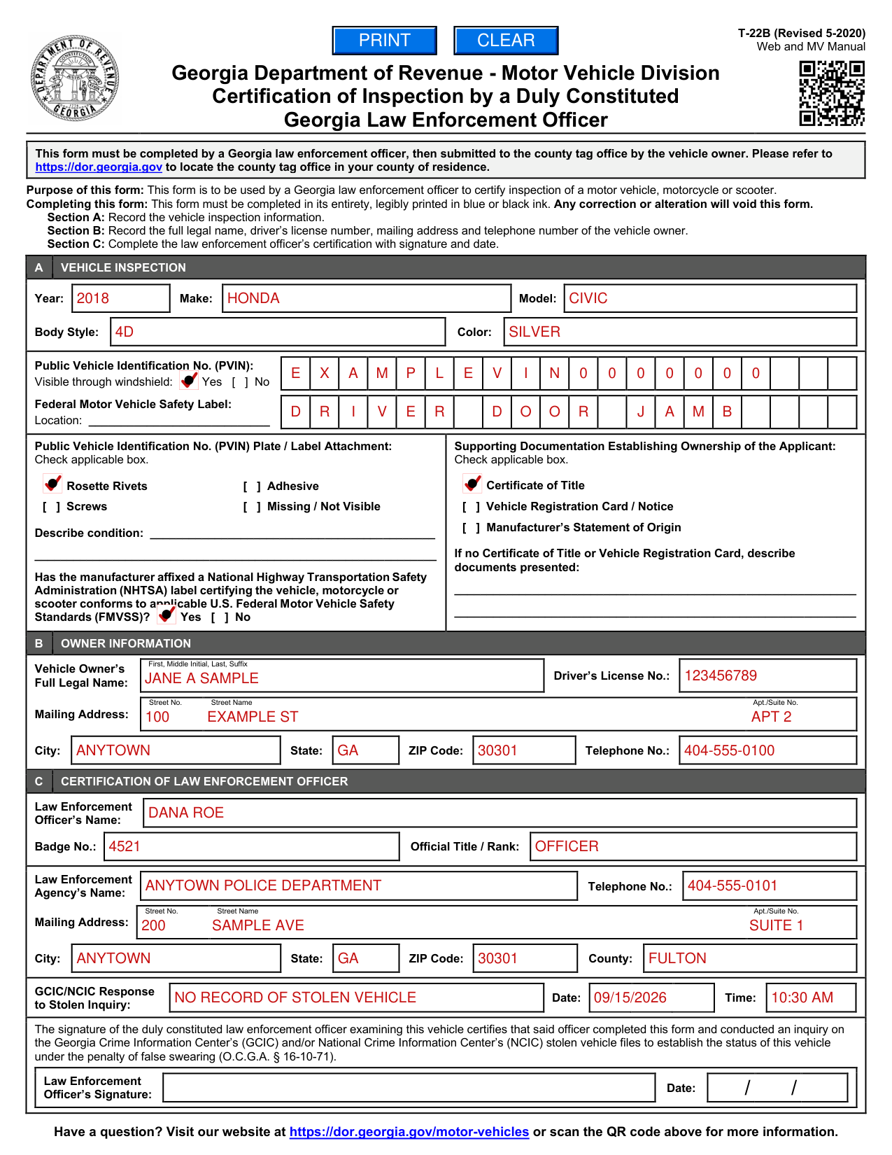 Form T-22B example filled out, example: an officer certifies a used car