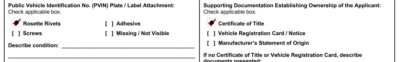 Form T-22B example filled out, pVIN plate or label attachment