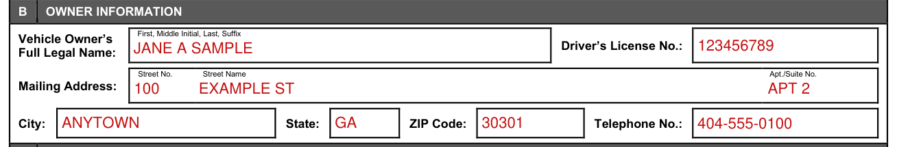 Form T-22B example filled out, section B, owner information