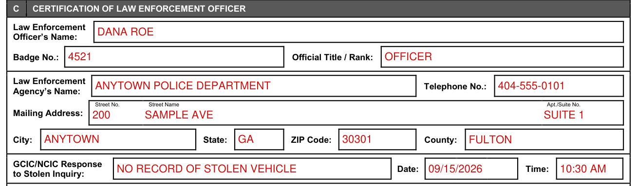 Form T-22B example filled out, section C, certification of the law enforcement officer