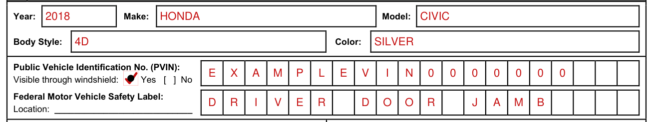 Form T-22B example filled out, year, Make, Model and the PVIN