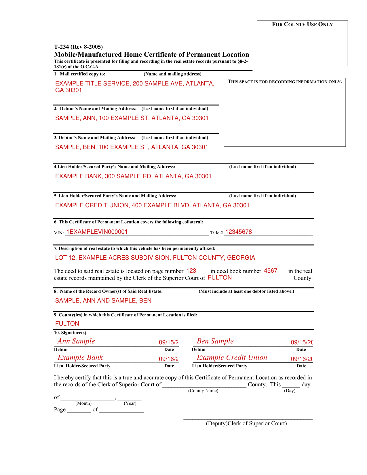 Form T 234 example filled out, example: two owners and two lien holders
