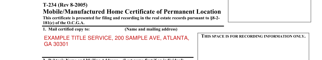 Form T 234 example filled out, section 1, the name and address