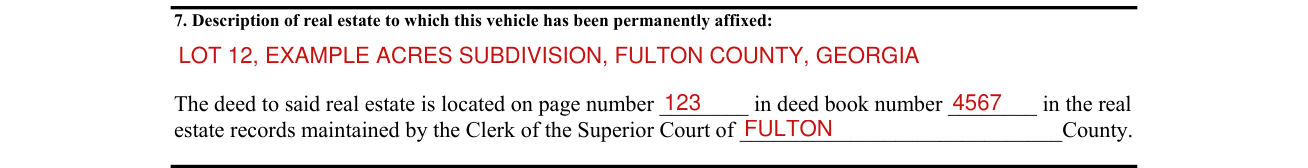 Form T 234 example filled out, section 7, the description of the real estate