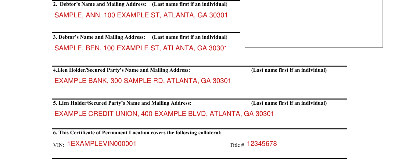 Form T 234 example filled out, sections 2 to 5, the debtors and the lien holders, name and mailing address