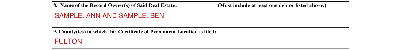 Form T 234 example filled out, sections 8 and 9, the record owners and the counties