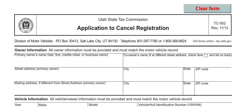 filling in cancel registration dmv utah stage 1