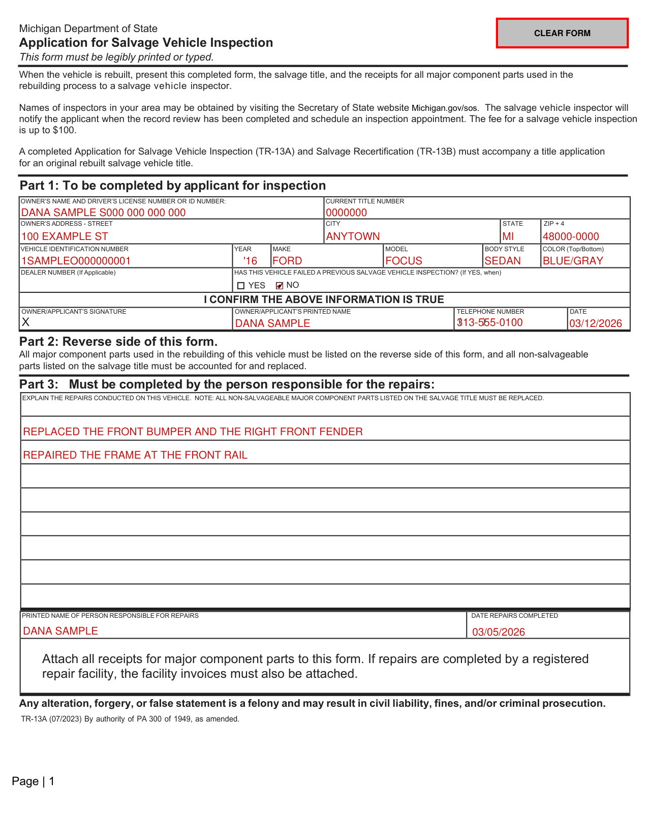Form TR-13A example filled out, example: a rebuilt pickup goes to inspection