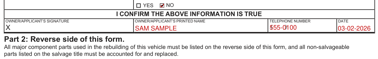 Form TR-13A example filled out, owner applicant's signature