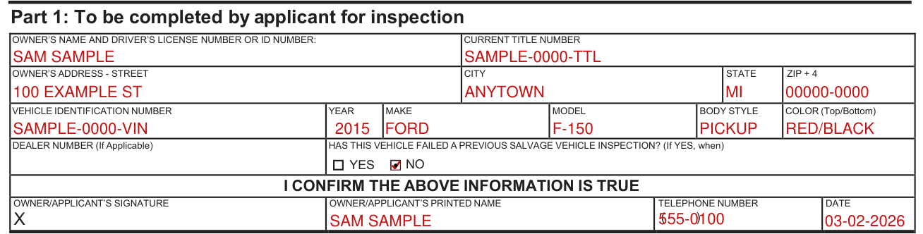 Form TR-13A example filled out, part 1: To be completed by applicant for inspection