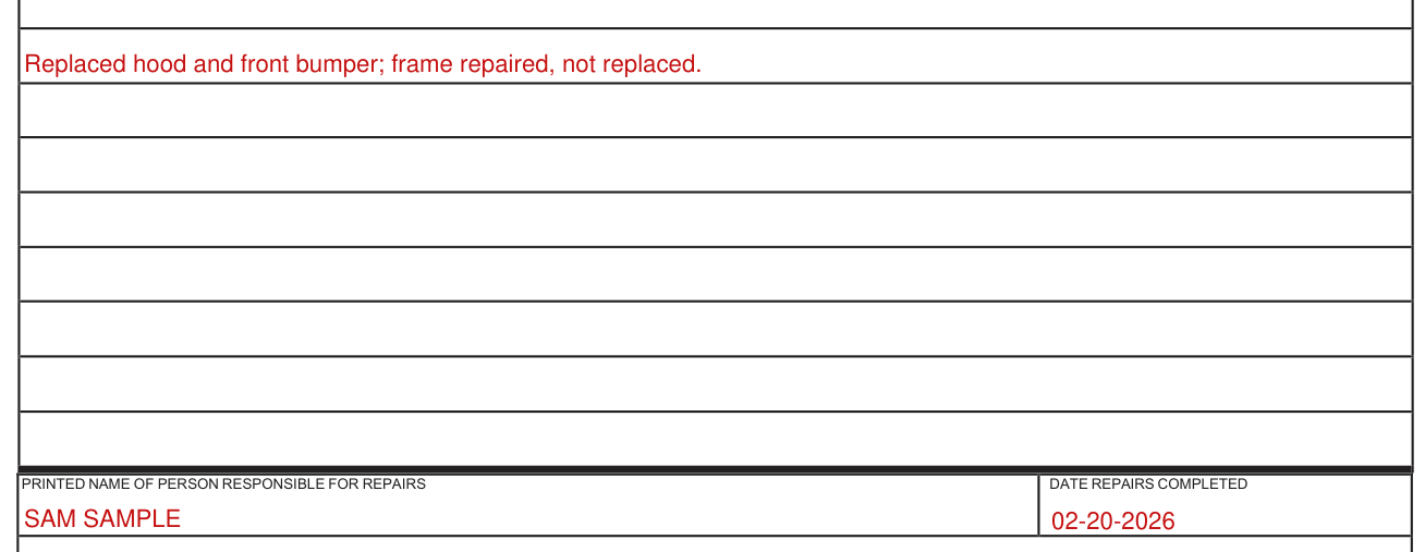 Form TR-13A example filled out, part 3: Must be completed by the person responsible for the repairs