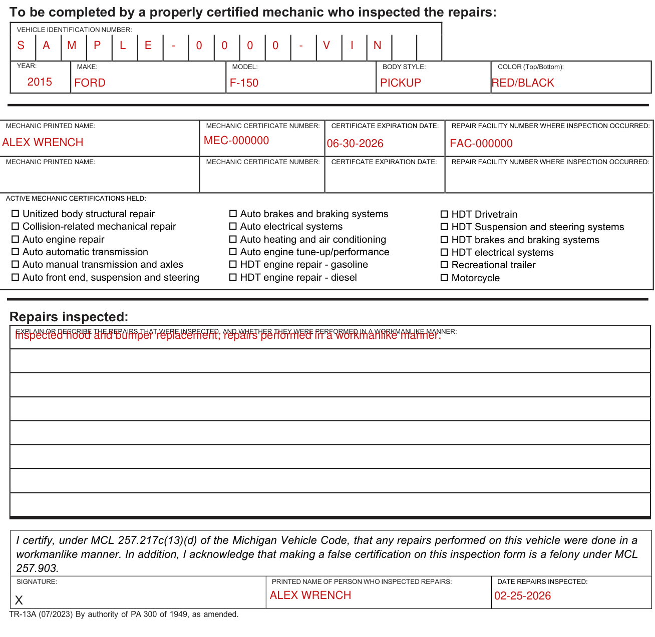 Form TR-13A example filled out, part 4: Mechanic certification of salvage vehicle repairs