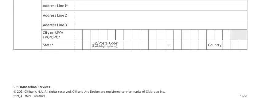 travel discount card Address Line, Address Line, Address Line, City or APO FPODPO, State, ZipPostal Code Last  digits, Country, and Citi Transaction Services blanks to fill out