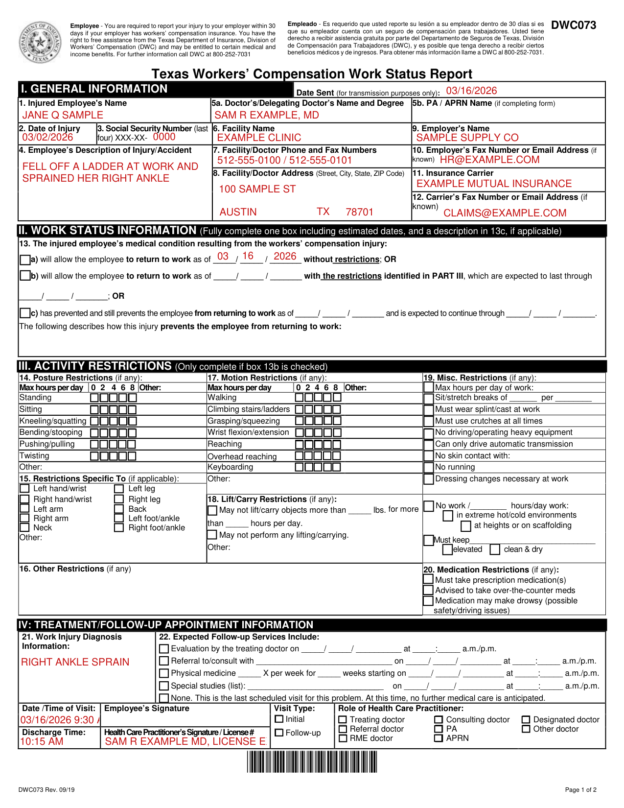 Form DWC073 example filled out, example: a treating doctor reports a return to work