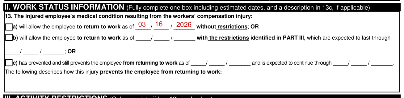 Form DWC073 example filled out, iI. WORK STATUS INFORMATION