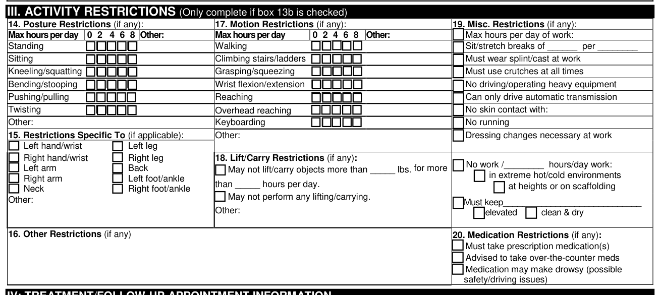 Form DWC073 example filled out, iII. ACTIVITY RESTRICTIONS