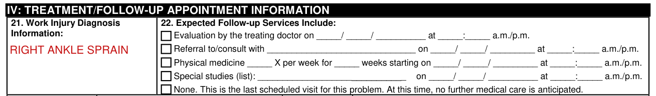 Form DWC073 example filled out, iV: TREATMENT/FOLLOW-UP APPOINTMENT INFORMATION