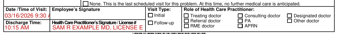 Form DWC073 example filled out, visit Type, Role of Health Care Practitioner and Signature