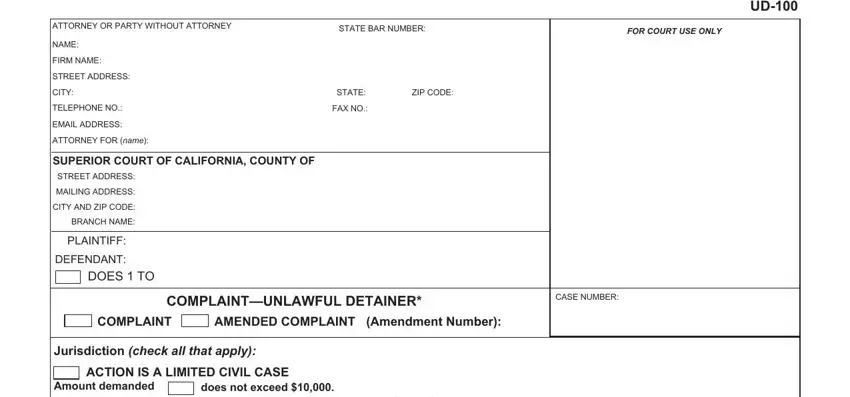 unlawful detainer complaint sample fields to complete