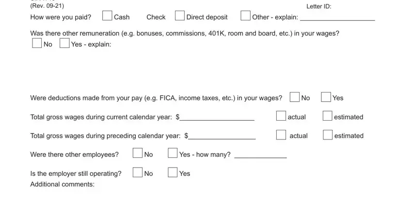 uia affairs unemployment UIA  Rev, Letter ID, How were you paid, Cash Check, Direct deposit, Other  explain, Was there other remuneration eg, Yes  explain, Were deductions made from your pay, Yes, Total gross wages during current, actual, estimated, Total gross wages during preceding, and actual fields to fill