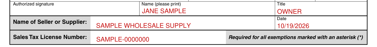 Form TC-721 example filled out, authorized signature, seller, date and sales tax license number