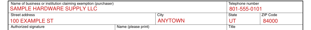 Form TC-721 example filled out, business name, telephone and street address