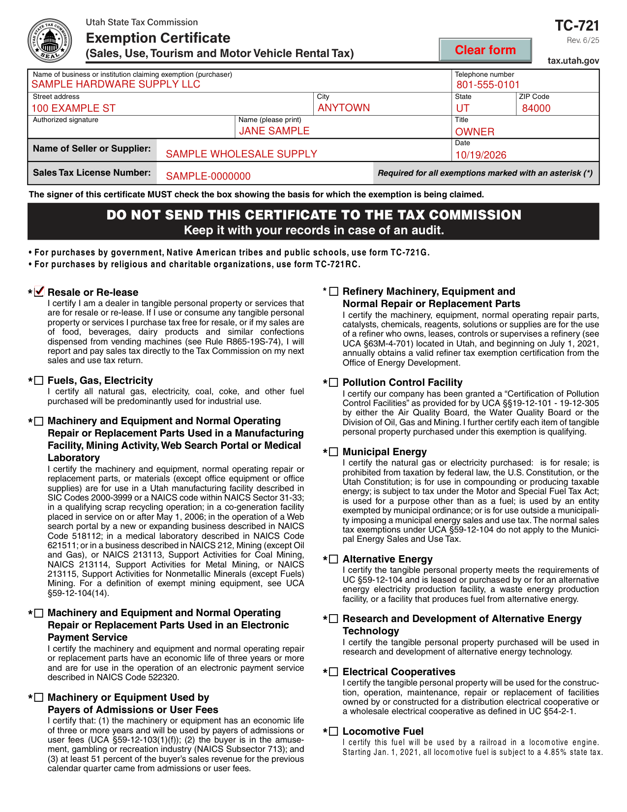 Form TC-721 example filled out, example: a dealer claims the resale exemption