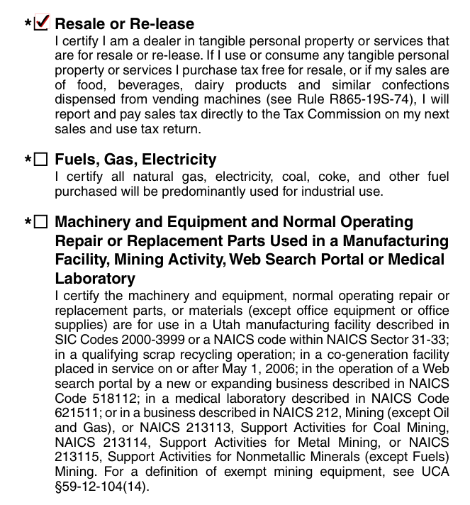 Form TC-721 example filled out, resale, fuels and manufacturing machinery