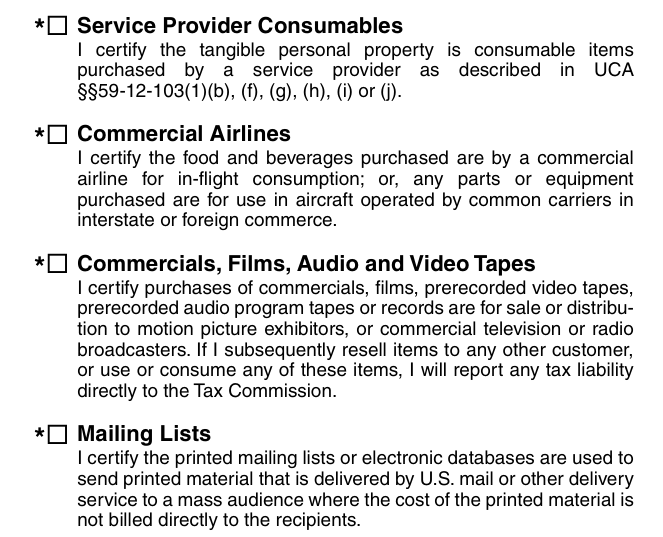 Form TC-721 example filled out, service provider consumables, commercial airlines, commercials and mailing lists
