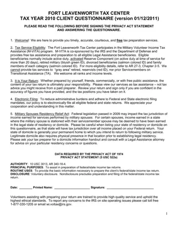 Fort Leavenworth Tax Questionnaire Form Preview