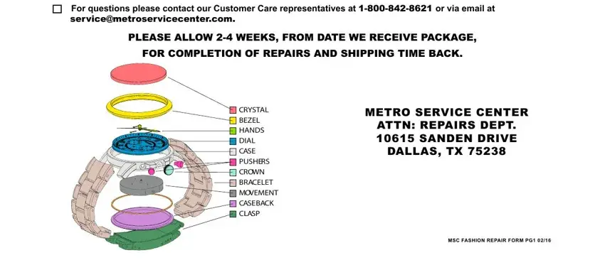 Filling out metro service watch repair form stage 2