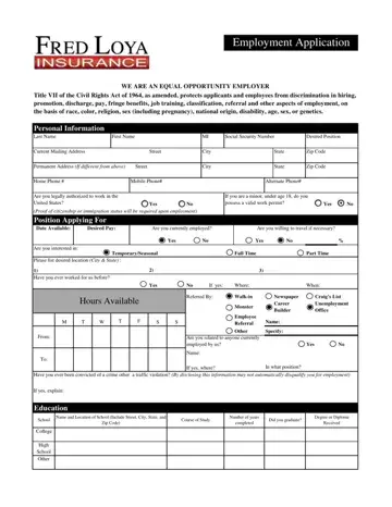 Fred Loya Employment Application Preview