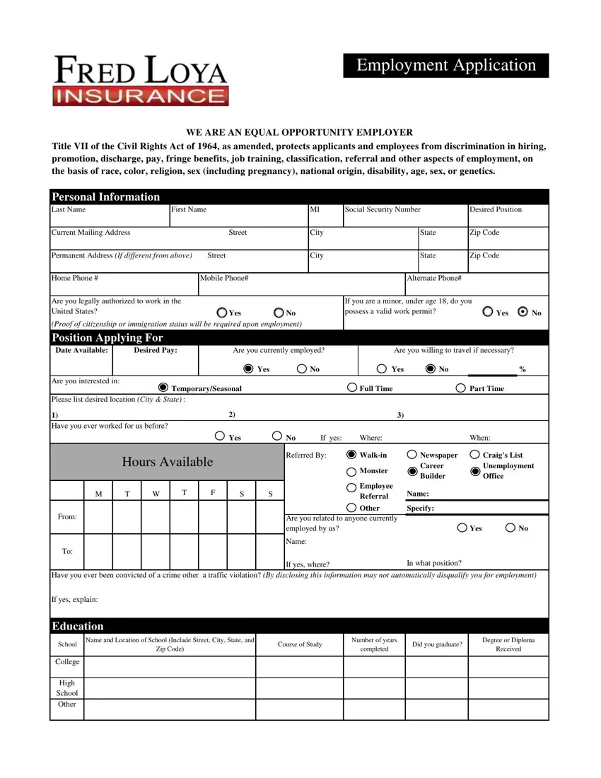 Fred Loya Employment Application first page preview