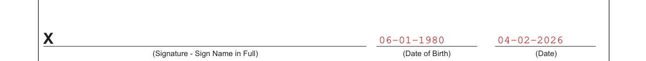 Form FS-15 example filled out, signature, Date of Birth and Date