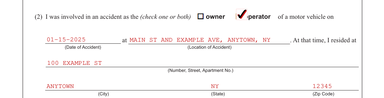 Form FS-15 example filled out, the accident and where you resided