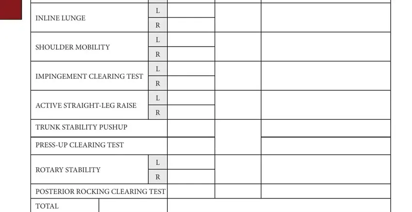 fms assessment sheet INLINE LUNGE, SHOULDER MOBILITY, IMPINGEMENT CLEARING TEST, ACTIVE STRAIGHTLEG RAISE, TRUNK STABILITY PUSHUP, PRESSUP CLEARING TEST, ROTARY STABILITY, POSTERIOR ROCKING CLEARING TEST, and TOTAL blanks to complete